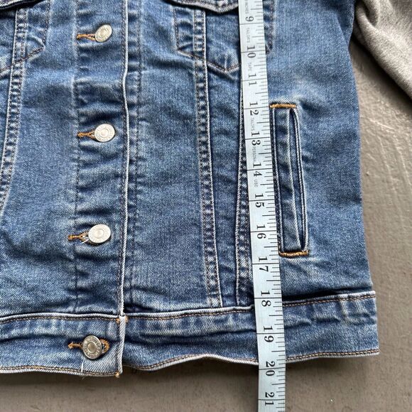 Levi’s Hybrid Twofer Hooded Denim Jean Trucker Jacket - Dark Wash Gray Wmns XS - Picture 12 of 12